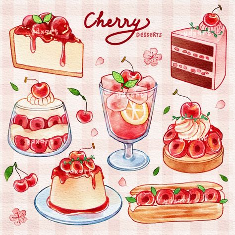 Japanese Food Illustration, Desserts Drawing, Chibi Food, Food Doodles, 귀여운 음식 그림, Cherry Season, Barbie Paper Dolls, Cherry Desserts, Food Artwork