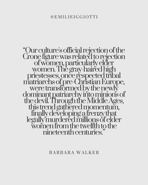 RECLAIMING THE CRONE.⁠ ⁠ The Crone is the archetype of the Wise Woman. Before patriarchy took over society, the Crone was the "gray-haired high priestesses, once respected tribal matriarchs of pre-Christian Europe" (Barbara Walker, The Crone: Woman of Age, Wisdom, and Power).⁠ ⁠ Our society is now obsessed with staying young and looking young, and we see ageing as a curse, while ageing is a privilege.⁠ ⁠ The archetype of the Wise Woman in literature "embodies instinctive ways of channeling w... Barbara Walker, The Crone, Wise Woman, Wise Women, Stay Young, Look Younger, Photography Studio, Amazing Women, Portrait Photography