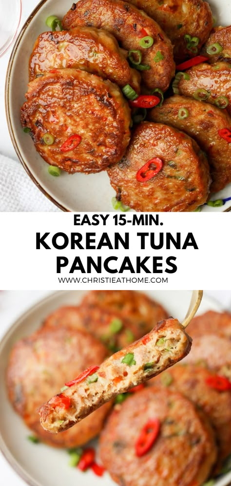 Savory spicy Korean tuna pancakes packed with scrumptious flavor and great taste! Made with simple ingredients from your pantry! Less less than 15 minutes you can have an incredibly satisfying meal. Korean Canned Tuna Recipes, Korean Tuna Pancake, Tuna Pancakes, Canned Tuna Recipes, Food Reference, Fermented Kimchi, Tuna Cakes, Pan Fried Salmon, Korean Side Dishes