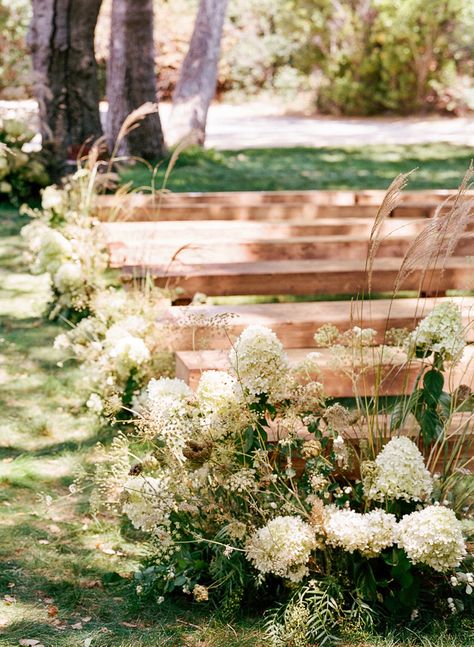 Benches Ceremony Wedding, Grounded Flowers Wedding Alter, Overgrown Wedding Aisle, Outdoor Wedding Ceremony Decorations Aisle Benches, Outdoor Wedding Benches, Bench Wedding Ceremony, Ground Florals Wedding, Standing Wedding Ceremony, Wedding Ceremony Benches