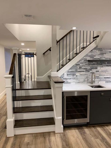 Open Basement Stairs, Modern Farmhouse Staircase, Basement Staircase, Open Basement, Basement Steps, Basement Stairs Ideas, Transitional Staircase, Hallmark Homes, Basement Layout