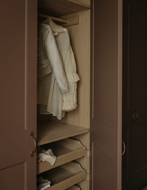 Our Oak and Cedar of Lebanon interiors and Oak pull-out drawers inside our bespoke 'Stowupland' wardrobes, hand painted in 'Kipper' from our Colour Collection No.2 Savile Row Suit, Plain English Kitchen, Painted Wardrobe, Dressing Room Closet, Plain English, Cabinetry Design, English Design, Room Closet, Walk In Wardrobe