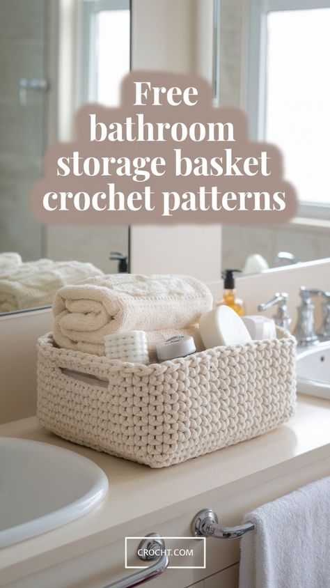 Keep your bathroom neat with these free crochet patterns for beautiful storage baskets. Add functionality with a personal touch Crochet Divided Basket, Crochet Basket For Bathroom, Diy Crochet Basket Free Pattern, Simple And Quick Crochet Projects, Small Crochet Basket Free Pattern, Crochet Floor Basket Pattern Free, Extra Large Crochet Basket Pattern Free, Free Crochet Patterns Baskets, Crochet Square Storage Baskets Free Pattern