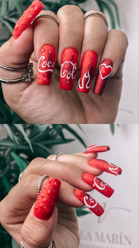 Diet Coke Nails, Coca Cola Nails, Coke Nails, Starbucks Nails, Chloe Nails, Metallic Nails Design, Acrylic Nails Almond Shape, Teen Nails, Crazy Nail Designs