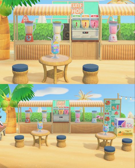 Animal Crossing Flat Island Ideas, Animal Crossing Beach Ideas Codes, Acnh Beach Surf Shop, Acnh Island Designs Entrance Tropical, Acnh Beach Entrance Ideas, Cool Acnh Ideas, Village Acnh Ideas, Sand Qr Code Animal Crossing, Acnh Smoothie Stall