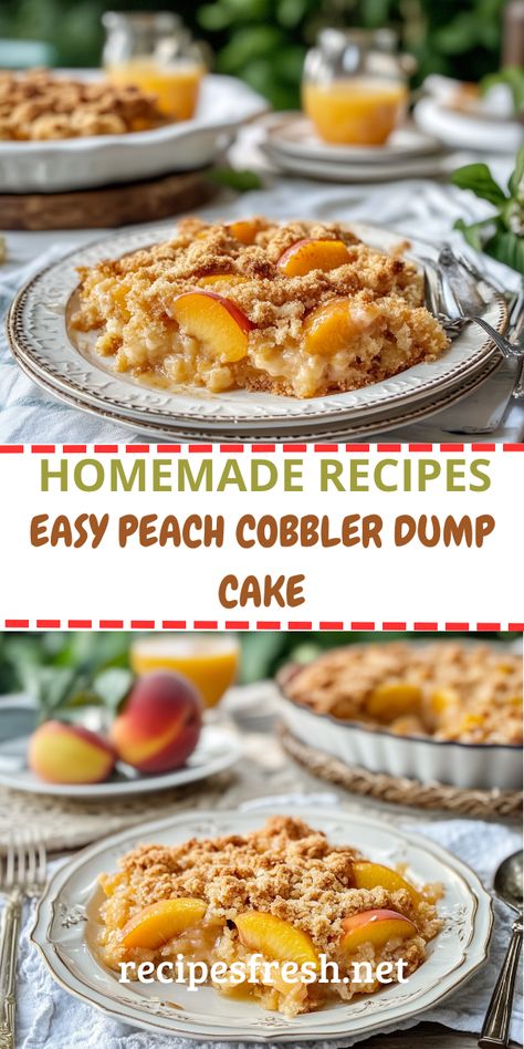 Make this easy Peach Cobbler Dump Cake with just a few ingredients! A buttery, golden dessert with juicy peaches and a crisp topping
Ingredients:
2 cans (15 oz each) sliced peaches in syrup (do not drain)
1 box yellow cake mix
1/2 cup unsalted butter, melted
1 teaspoon cinnamon
1/2 teaspoon nutmeg (optional)
1/2 cup brown sugar
1/2 cup chopped pecans or walnuts (optional)
1 teaspoon vanilla extract (optional for extra depth of flavor) Peaches In Syrup, Cobbler Dump Cake, Peach Cobbler Dump Cake, Crisp Topping, Sliced Peaches, Easy Peach Cobbler, Peach Cobbler Easy, Dump Cake Recipes, Dump Cake