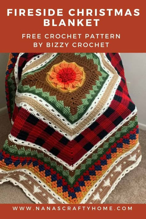 The Fireside Sampler Blanket is a free crochet pattern by Bizzy Crochet hosted by Nana's Crafty Home! This beautiful center-out throw is a Christmas themed sampler style blanket with video tutorials to help you along the way! The perfect stash / scrap busting project for a cozy throw reminiscent of Christmas times gone by! Crochet Alongs Patterns Free, Christmas Blanket Crochet Free Pattern, Crochet Sampler Blanket Pattern Free, Christmas Crochet Afghan Patterns, Christmas Afghans Crochet Patterns Free, Crochet Throw Pattern Free, Sampler Crochet Blanket, Christmas Blanket Pattern, Christmas Blanket Crochet