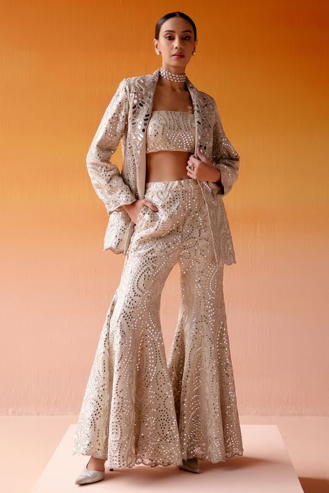 Shop for these amazing collections of Ivory Georgette Embroidered Mirror Notched Lapel Scalloped Coat Jacket For Women by Twenty Nine online at Aza Fashions. Intricate Mirror, Beadwork Embroidery, Wear Crop Top, Scalloped Edges, Bride Bridal, Western Outfits, Indian Outfits, Aza Fashion, Stylish Dresses