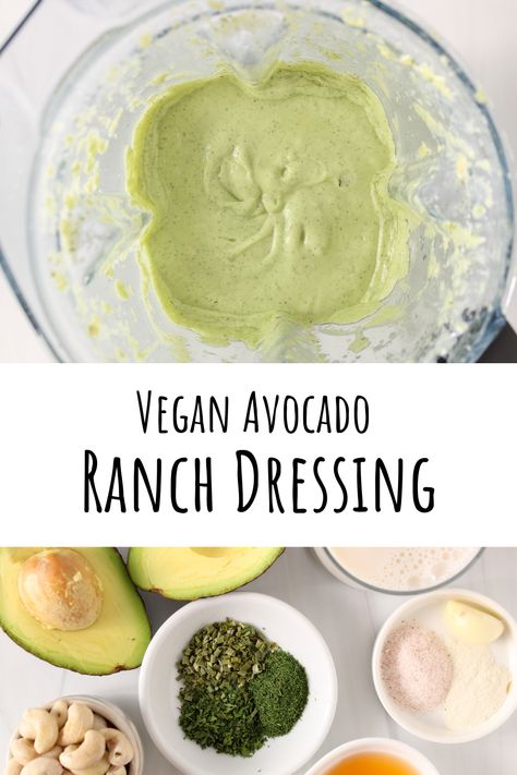 The top picture shows inside a blender containing a creamy green mixture. The bottom picture shows the ingredients needed to make a vegan avocado ranch dressing. Easy Avocado Dressing, Vegan Avocado Dressing, Keto Condiments, Avocado Ranch Dressing, Health Meals, Healthy Crisps, Fit Men Cook, Vegan Ranch Dressing, Keto Salads