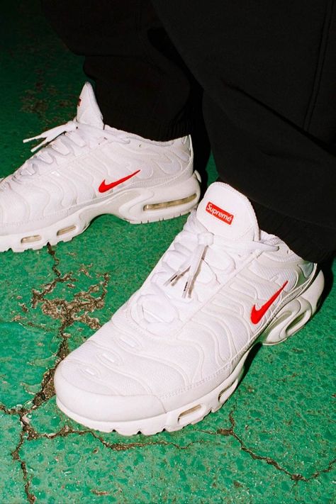 Supreme x Nike Air Max Plus "White/Red" Release Date | HYPEBEAST Nike Tn Shoes, Supreme X Nike, Nike Vapor Max, Nike Air Max Mens, Nike Tn, Tenis Nike, Nike Air Max Tn, Nike Shoes Air Max, Hype Shoes