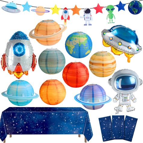 PRICES MAY VARY. You Will Receive: there are 16 pieces of space party decorations, including 8 pieces of planet paper lanterns, 3 pieces of galaxy tablecloths, 2 pieces of space hanging banners, 1 piece of rocket balloon, 1 piece of astronaut balloon, 1 piece of UFO balloon, sufficient quantities and diverse styles can meet your party decoration needs Proper Size: the space tablecloth is about 54 x 108 inch, the space banners have an average cardboard size of 6 x 6 inch and comes with a total le Plastic Tablecloth Garland, Tablecloth Garland, Rocket Balloon, Space Themed Party, Space Party Decorations, Space Banner, Hanging Paper Lanterns, Space Theme Party, Outer Space Party