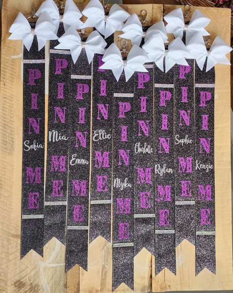 Pin Me Ribbon Cheer Diy, Purple Cheer Bows, Cheer Pin Me Ribbon Diy, Diy Cheer Gifts For Team, Pin Me Cheer Ribbon, Cheer Pin Me Ribbon, Cheer Clothespins Ideas, Cheer Good Luck Pins, Cheer Swag