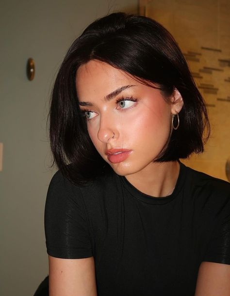 Short Hair Goals Aesthetic, Black Bob Character, Bob Hairstyles Asian Round Faces, Sleek Black Bob, Cool Brown Short Hair, Short Dark Hair Women, Dark Feminine Short Hair, Dark Short Brown Hair, Short Black Hair Pale Skin