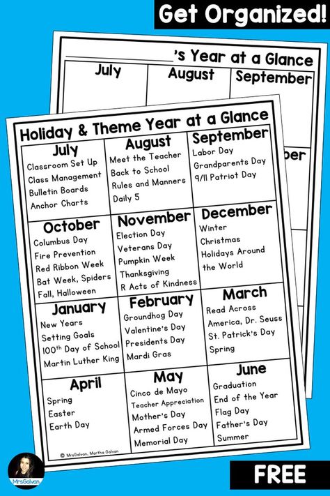 FREE Holiday and Theme Year at a Glance to get organized by knowing what special events are coming up next in the school year! (scheduled via http://www.tailwindapp.com?utm_source=pinterest&utm_medium=twpin) Grade 1 Year Plan, Classroom Reminders, Preschool Lesson Plans Themes, First Grade Themes, Year At A Glance Calendar, Kindergarten Homework, Halloween Teaching, Pre K Curriculum, Planning School