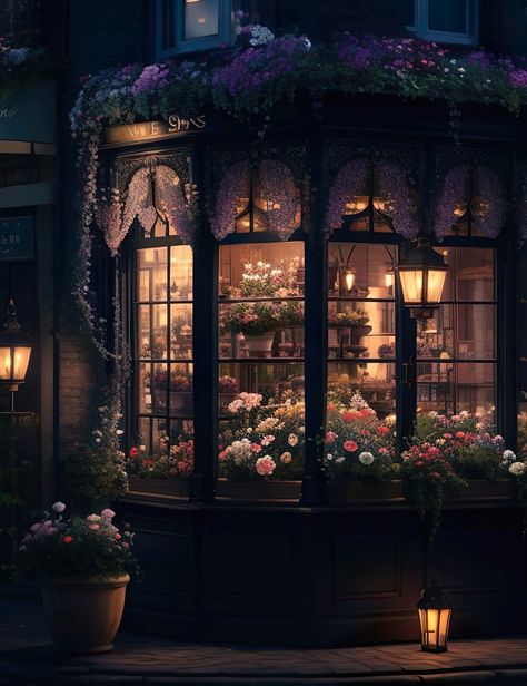 A picturesque scene of a Victorian era tea shop, illuminated by the soft light of gas lamps, with a variety of colorful blooms. Victorian Tea Aesthetic, Victorian Shop Aesthetic, Gas Lamp Aesthetic, Fantasy Tea Shop, Victorian Tea Party Aesthetic, Druid House, Tea Shop Aesthetic, Soft Victorian Aesthetic, Old Library Aesthetic