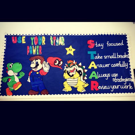 Video Game Theme Classroom Bulletin Boards, Mario Themed Classroom Bulletin Boards, Staar Test Bulletin Board Ideas, Super Mario Bros Bulletin Board Ideas, Staar Themes Ideas, Staar Bulletin Boards Ideas, Video Game School Theme, Video Game Bulletin Board Ideas, Level Up Bulletin Board Ideas