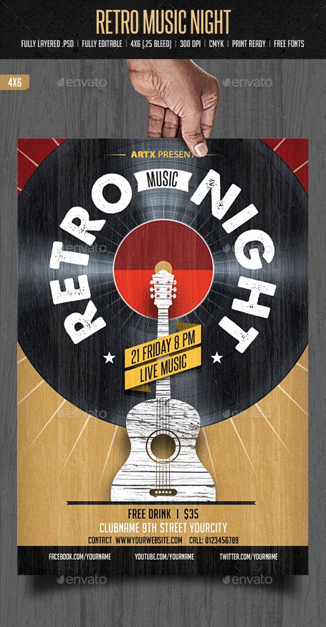 Retro Music Night Retro Night Poster, Music Night Poster, Typography Flyer, Retro Night, Music Night, Music Club, Retro Graphic Design, Music Flyer, Event Poster Design