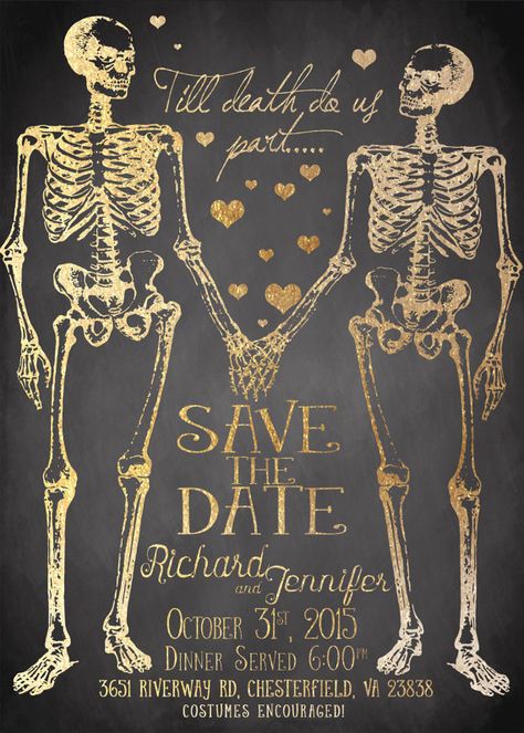 16 Subtly Spooky Ideas For A Killer Halloween Wedding Skeleton Wedding, Spooky Wedding, Halloween Wedding Invitations, Invitation Engagement, Halloween Wedding Ideas, Halloween Weddings, Skeleton Couple, Halloween Themed Wedding, Glitter Wedding Invitations