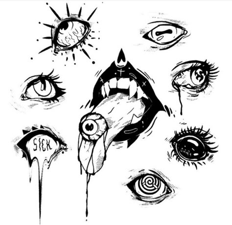 Body Disfigurement Art, Dark Trippy Drawing Ideas, Eyeball Sleeve Tattoo, Creepy Eyeball Tattoo, Horror Eyes Art, Dark Spooky Tattoos, Creepy Eyes Tattoo, Witchy Sketches Easy, Dark Aesthetic Tattoo Ideas