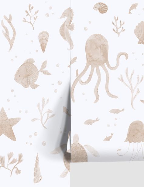 Blue Floral Wallpaper by Rylee + Cru Ocean Themed Nursery Target, Beach Nursery Wallpaper, Marine Animal Nursery, Beach Wallpaper Bedroom, Seashell Nursery Decor, Coastal Themed Nursery, Nautical Boy Nursery, Under The Sea Nursery Boy, Coastal Nursery Neutral