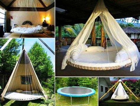 -How to Repurpose Your Old Trampoline into a Swing Bed — Steemit Trampoline Bed, Old Trampoline, Backyard Trampoline, Hanging Tent, Backyard Canopy, Hanging Beds, The Whoot, Diy Canopy, Diy Porch