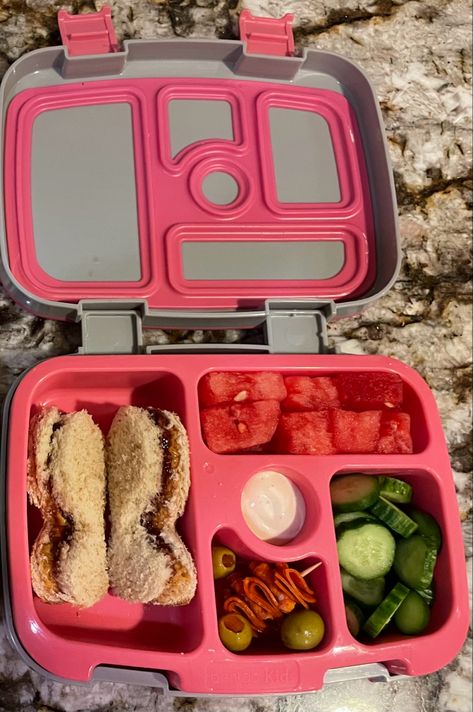 PB&J butterfly sandwich, mini cucumbers and ranch, watermellon cubes, pepperoni stick, green olives Pepperoni Sticks, Mini Cucumbers, Packed Lunches, Packed Lunch, Toddler Food, Bariatric Recipes, Green Olives, Pack Lunch, Toddler Meals