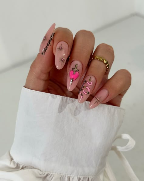 Love spell 🗡️💘✨ Ring from @bohomoon ✨ | Instagram Different Wedding Nails For Bride, Pearl Pink Valentines Nails, Love Letter Nail Art, Jamie Genevieve Nails, Self Love Nails, Nails With Heart Charms, Sacred Heart Nail Art, Nail Acrylic Black, Soft Pink Nail Designs