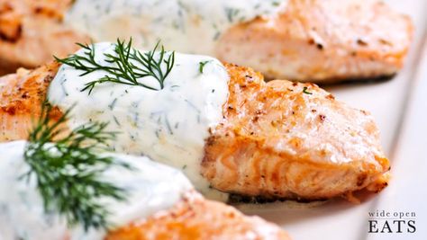 Salmon with Cucumber Dill Sauce Cucumber Dill Sauce, Smoked Salmon Spread, Yogurt Dill Sauce, Dill Sauce For Salmon, Dill Salmon, Sauce For Salmon, Premium Spices, Cucumber Dill, Lemon Salmon