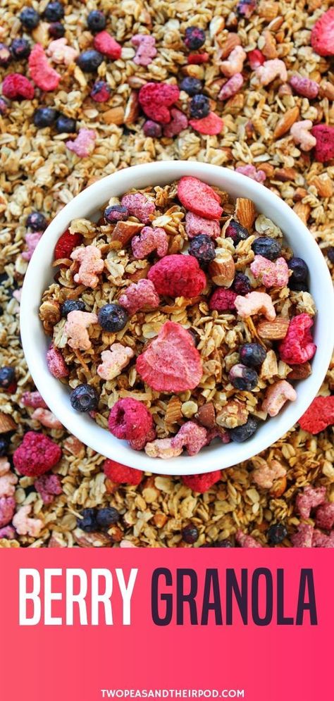 Bursting with berries and fun bunny shapes, this homemade mixed berry granola recipe will surely be a weekend staple at home! The base of the granola is loaded with goodies such as oats, coconut, almonds, cinnamon, salt, coconut oil, maple syrup, and vanilla extract. A sure winner among the kids! High Protein Granola Recipe, Protein Granola Recipe, High Protein Granola, Healthy Homemade Granola Recipe, Toaster Oven Cooking, Berry Granola, Two Peas And Their Pod, Easy Homemade Granola, Toaster Oven Recipes