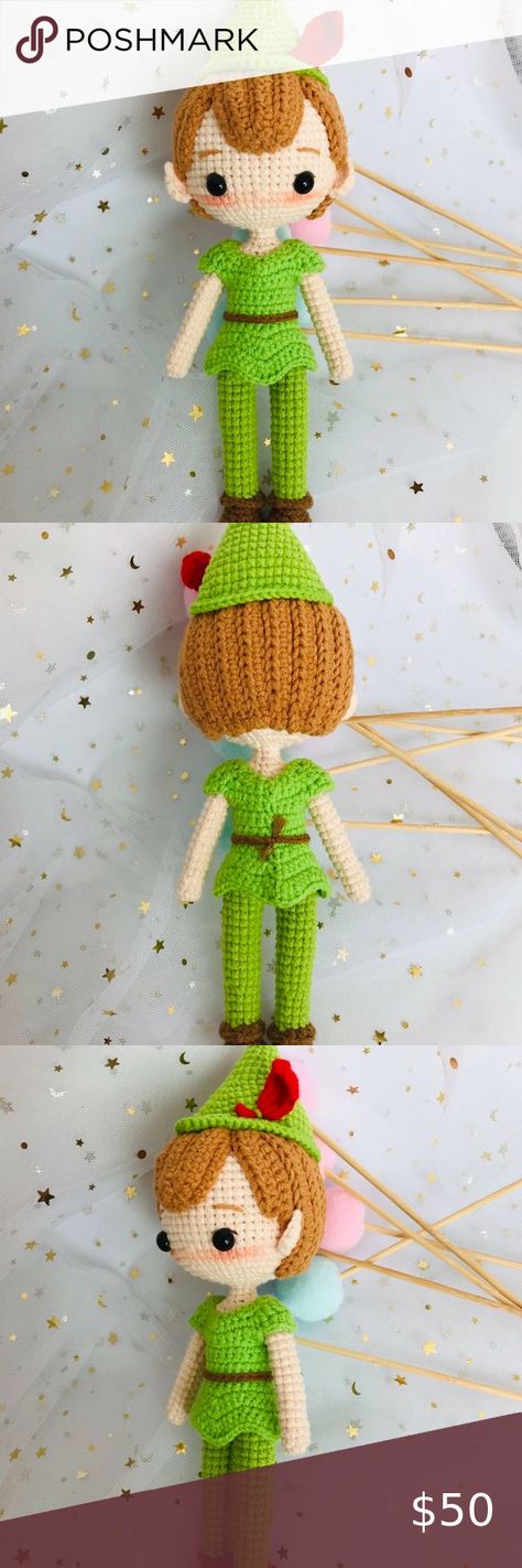 Peter Pan Dolls,Amigurumi Peter Pan doll. Pattern by GreenFrogCrochet. Crochet Peter Pan stuffed with polymer stuffing material. Made with a 100% naturalcotton A perfect gift for friends, kids and anyone who loves Peter Pan Height: roughly 9 inches with hat. CARE INSTRUCTIONS Hand wash carefully with cold water and a mild soap. Do not bleach. Do not iron. *NOTE* Νot safe for children under age 3. Made To Order. Sofiekreation Toys Dolls & Accessories Peter Pan Crochet, Babies Stuff, Crochet Cat Pattern, Toys Dolls, Crochet Creations, Dolls Accessories, Crochet Cat, Cat Pattern, Doll Pattern