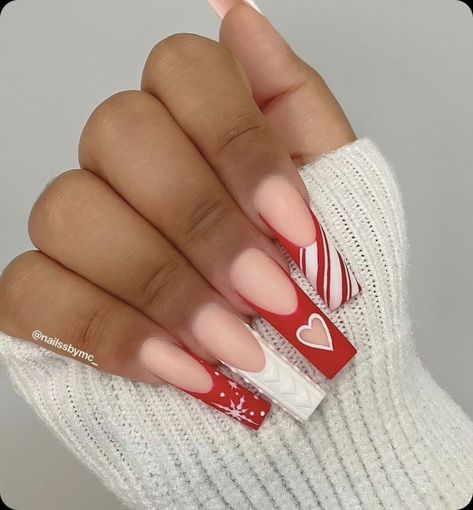 Christmas Coffin Nails, Nails With Red, Red White Stripes, Long Press On Nails, French Acrylic Nails, Striped Nails, Christmas Nails Acrylic, Ballerina Nails, Pastel Nails