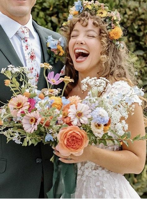 Spring Flower Crown Wedding, Flower Child Wedding Dress, Garden Wildflower Wedding, Wedding Dress Eclectic, Summer Vintage Wedding, Wildflower Wedding Crown, Colorful Garden Wedding Aesthetic, Wildflower Crown Wedding, Whimsical Garden Wedding Dress