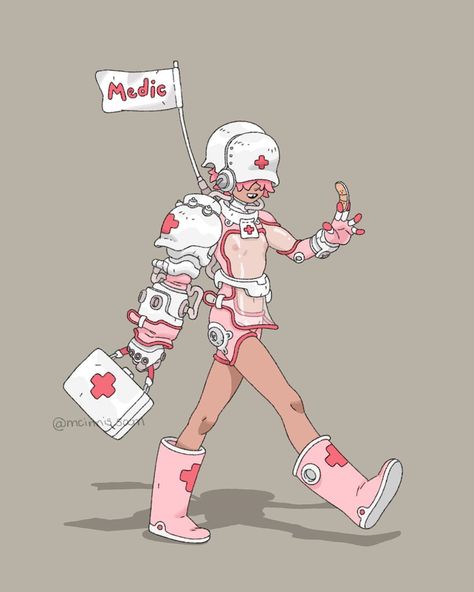 @mcinnis.sam on Instagram: “A medic boy here to bring u a bandaid! 💖(shocked theres no bandaid emoji! 😱) #characterdesign #illustration #scifi #originalcharacter #oc…” Medic Outfit Drawing, Medical Concept Art, Medical Character Design, Arm Amputee Character Design, Medic Clothes, Anime Medic, Combat Medic Character Design, Scifi Medic, Cyberpunk Medic