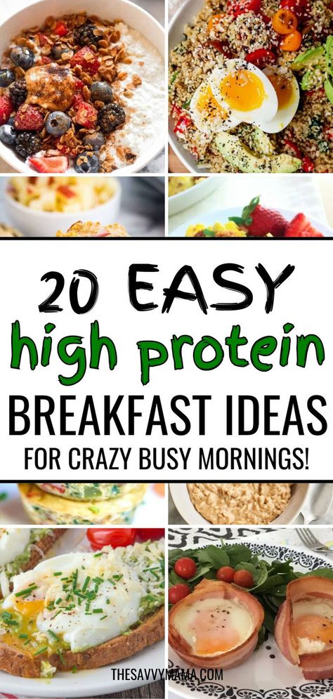 A collage of high-protein breakfast ideas including oatmeal with berries and almond butter, quinoa with soft-boiled eggs and avocado, egg muffins, and avocado toast with poached eggs. These nutritious and easy meals are perfect for busy mornings. On The Go Healthy Breakfast Ideas, Easy Protein Breakfasts, Light Breakfast Meal Prep, Egg Muffins Breakfast High Protein, Fast Easy High Protein Breakfast, Healthy Breakfast For Men, Healthy Breakfast Recipes With Oats, Easy College Breakfast, Protein Breakfast Eggs