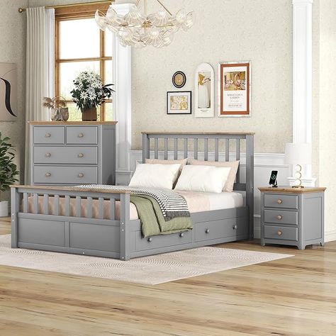 Amazon.com: Harper & Bright Designs 3 Pieces Bedroom Sets Full Size Platform Bed with Nightstand(USB Charging Ports) and Storage Chest, Rustic Wooden Bedroom Furniture Set, Gray+Natrual : Home & Kitchen Wooden Bedroom Furniture Sets, Beautiful Bed Designs, Wooden Bedroom Furniture, Wood Bedroom Sets, Full Size Platform Bed, Queen Size Platform Bed, Wooden Bedroom, Adult Bedroom, Bedroom Sets Queen