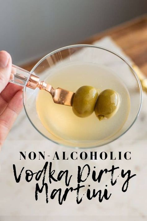 This non-alcoholic vodka and dirty martini mocktail recipe are sure to please any palate. There are only three ingredients and a few simple steps to make this soft cocktail come together. #mocktails #mocktail #dirtymartini #martinimocktail Non Alcoholic Party Games, Mock Martini Recipes, Non Alcoholic Gin Recipe, Non Alcoholic Vodka, Martini Mock Tail, Mocktails Non Alcoholic Martini, Martini Mocktail Recipe, Martini Non Alcoholic, Non Alcoholic Martini