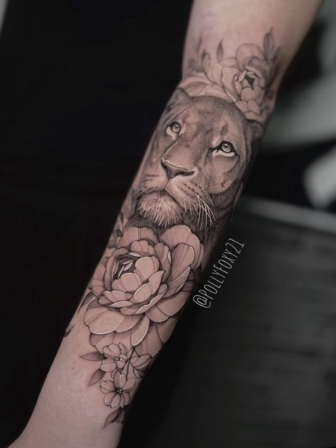 Graphic tattoo of a lion cat on a woman’s arm with peony flowers, fine line, realistic tattoo Womens Fine Line Sleeve Tattoo, Line Sleeve Tattoo, Fine Line Sleeve Tattoo, Fine Line Sleeve, Mandala Tattoo Sleeve Women, Mandala Tattoo Sleeve, Graphic Tattoo, Tattoo Animal, Lion Cat