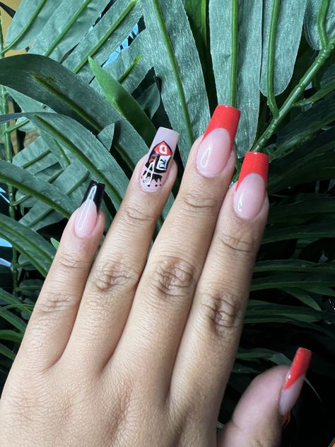 3 red french tip nails with pinky being a black french tip. Ring finger is RBD logo pop group logo Rbd Concert Nails, Rbd Inspired Nails, Rbd Rebelde Nails, Rebelde Nails, Concert Nail Ideas, Rbd Concert, Red French Tip Nails, Red French Tip, Concert Nails