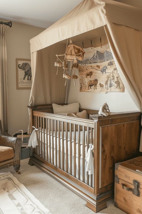 Going on a safari nursery tent as a canopy on crib British Colonial Nursery, Baby Room Safari, Star Wars Themed Nursery, Safari Nursery Ideas, Nursery Tent, Gender Neutral Nursery Inspiration, Crib Tent, Khaki Walls, Nursery Inspiration Neutral