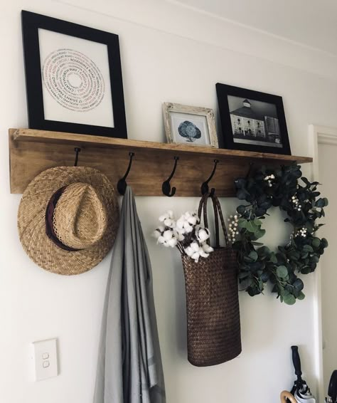 Hook Shelf Decor, Wall Decor With Hooks, Modern Rustic Hallway, Entry Way Hook Decor, Doorway Hooks Entry Ways, Diy Entry Shelf With Hooks, Entry Hook Wall, What To Hang On Hooks For Decoration, Hallway Shelf Ideas