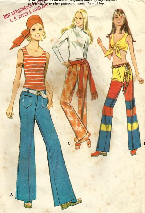 70s Pants Pattern, 1970s High Waist Spring Bottoms, 70s Lookbook, 70’s Sewing Patterns, 1970 Hot Pants, 70’s Panel Jeans, 70s Pants, Pants Drawing, Sew Patterns