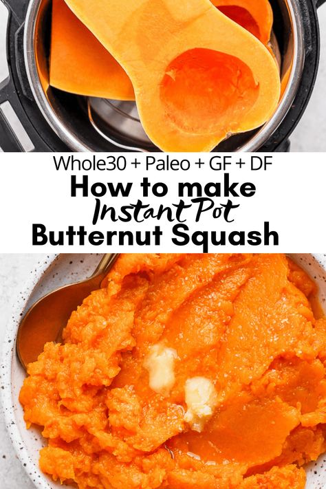 Instant Pot Butternut Squash  - cooking butternut squash in the Instant Pot is such a huge timesaver! Turns out so well and you save so much time. (Whole30, Paleo, DF + GF) #instantpotbutternutsquash #butternutsquash #howtocookbutternutsqaush #pressurecookedbutternutsquash Butternut Squash Whole, Cooking Butternut Squash, January Whole30, Instant Pot Butternut Squash, Butternut Squash Cooking, Wooden Skillet, Butternut Squash Recipe, Whole30 Fish Recipes, Whole30 Meal Prep