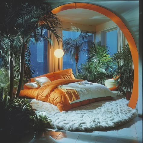 80s, 90s, retro style, vintage, miami, 70s, old, interior, design, luxury, midcentury modern, 80s aesthetic, home decor, orange, bedroom, 70s aesthetic Vintage Miami Interior Design, 80s House Design, Retro Futuristic Apartment, 80s Bedframe, Dark 80s Interior Design, 80s Miami Aesthetic Bedroom, 80s Miami Decor, 80s Miami Apartment, 70s Style Bedroom Retro