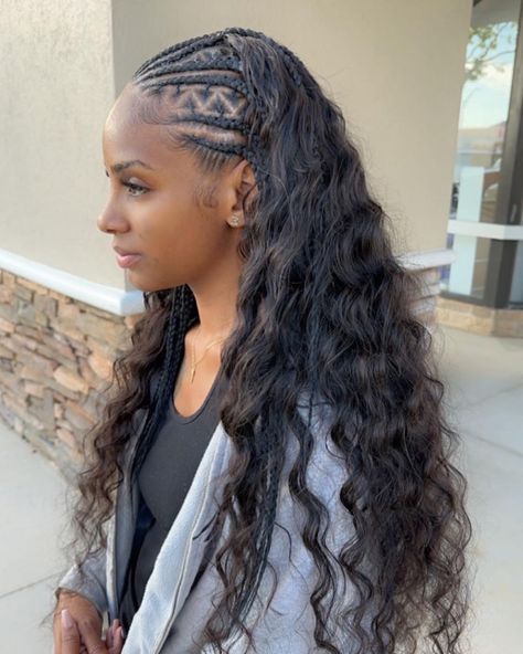 Cornrows Into Sew In, Feed In Weave Hairstyles, Feed In With Sew In Back, Braids With Curly Sew In, Braid Front Sew In Back, Fulani And Sew In, Braid With Sew In In The Back, Sew In Weave With Braids, Cornrows With Sew In