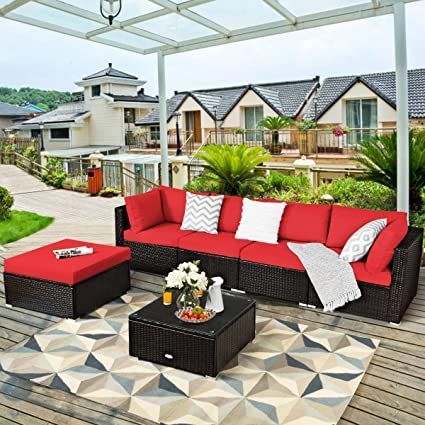 RELAX4LIFE 6-Piece Patio Sofa Set - Outdoor Sectional Sofa Set Wicker Conversation Set w/Table & Removable Cushions, Modular Sofa Set Patio Furniture for Backyard, Poolside, Balcony (Red) Rattan Sofa Set, Wicker Sectional, Rattan Furniture Set, Sectional Furniture, Corner Sofas, Red Sofa, Patio Sectional, Modern Outdoor Furniture, Rattan Sofa