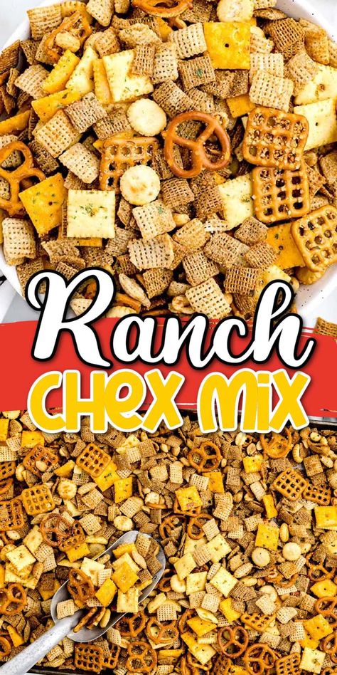 Ranch Chex Mix is an easy-to-make, perfectly seasoned party mix with Chex Cereal, pretzels, crackers, peanuts, and more, that tastes even better than the boldly spiced classic. This simple recipe makes an easy appetizer or a hearty snack for feeding a crowd in minutes and is filled with tangy, herby buttermilk Ranch dressing flavors, all baked into a batch of crunchy bites with a touch of tang! Cheesy Ranch Chex Mix, Chex Mix Crock Pot, Chez Mix, Ranch Chex Mix Recipes, Savory Chex Mix Recipes, Savory Chex, Savory Chex Mix, Ranch Chex, Homemade Chex Mix Recipe