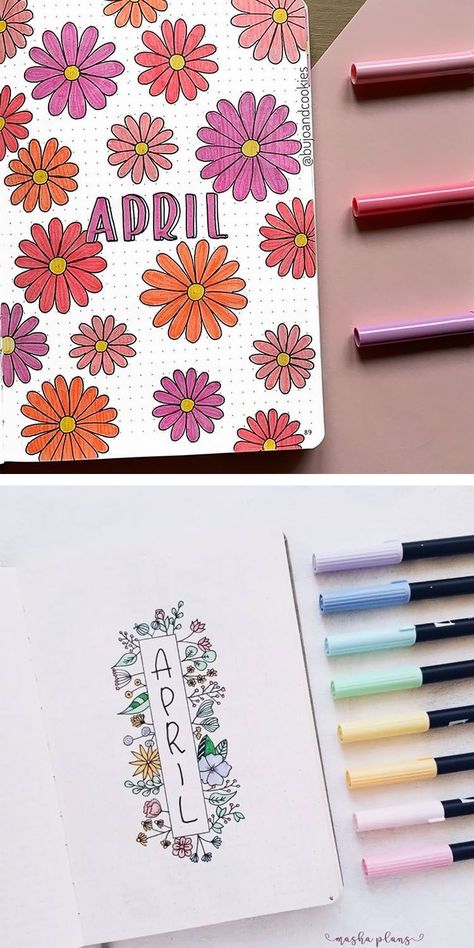 April Dot Journal Ideas, Flower Page Design, April Journal Cover Page, April Dot Journal, April Bullet Journal Ideas Layout, April Monthly Spread Bullet Journal, April Title Page Bullet Journal, Bullet Journal Themes April, April Scrapbook Ideas