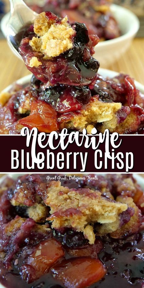 Nectarine Blueberry Crisp is loaded with sweet nectarines and blueberries, topped with a delicious crunchy topping. #nectarine #blueberry #crisps #homemade #greatgrubdelicioustreats Nectarine Cobbler Crisp, Dessert With Nectarines, Over Ripe Nectarine Recipes, What To Do With Nectarines, Nectarine Desserts, Nectarine Breakfast, Blueberry Nectarine Crisp, Nectarine Dessert, Nectarine Crumble