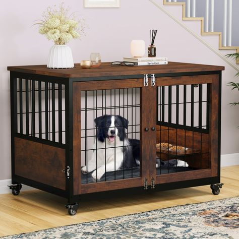 Tucker Murphy Pet™ Heavy Duty Dog Crate With Removable Trays And Lockable Wheels | Wayfair Dog Crate End Table, Furniture Style Dog Crate, Indoor Dog Kennel, Crate End Tables, Furniture Wheels, Cat Crate, Wooden Dog Crate, Dog Kennel Furniture, Large Dog Crate