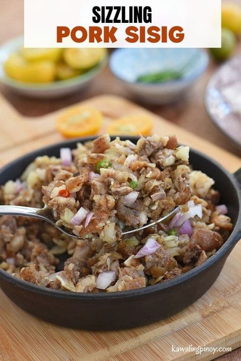 Sizzling Pork Sisig made with chopped pork, onions, citrus juice, and chili peppers. With spicy, bold flavors, it makes a tasty appetizer or meal entree. #pork #filipinofood #appetizer #weeknightdinner Sizzling Sisig, Sisig Recipe, Sago Recipes, Offal Recipes, Pork Sisig, Filipino Dishes, Citrus Juice, Dinner Entrees, Party Appetizer